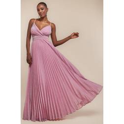 Goddiva Sleeveless Pleated A Line Lurex Maxi Dress - Pink