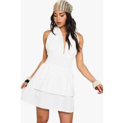 boohoo Womens Cotton Ruffle Halterneck Mini Dress - White