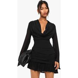 boohoo Womens Cowl Long Sleeve Mini Dress - Black