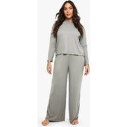 boohoo Womens Plus Brushed Rib Lettuce Hem Top & Trouser Lounge Set - Grey