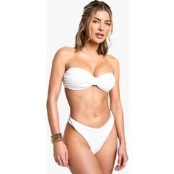 boohoo Womens Textured Stripe Knot Front Bandeau Bikini Top & High Leg Bikini Bottoms Set - White