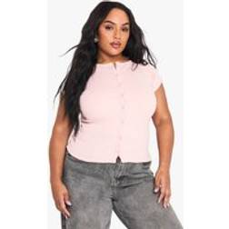 boohoo Womens Plus Rib Button Through Cap Sleeve Top - Pink