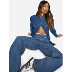 boohoo Womens Basics 30 Inch Leg High Waisted Wide Leg Jeans - Vintage Blue