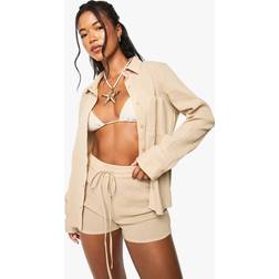 boohoo Womens Crinkle Cotton Beach Shirt - Beige