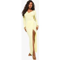 boohoo Womens Slinky Long Sleeve Wrap Maxi Dress - Yellow