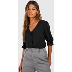 boohoo Womens Hammered Puff Sleeve Button Front Blouse - Black