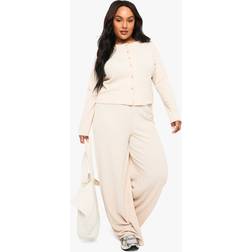 boohoo Womens Plus Rib Cardigan And Wide Leg Trouser - Cream