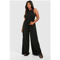 boohoo Womens Plus Woven Drawstring Wide Leg Trouser - Black