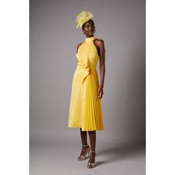 Coast Halter Pleated Asymmetric Hem Midi Dress - Yellow