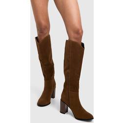 boohoo Womens Faux Suede Wooden Stack Heel Detail Knee High Boot - Beige