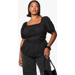 boohoo Womens Plus Cotton Puff Sleeve Blouse - Black