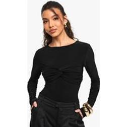 boohoo Womens Double Slinky Knot Front Bodysuit - Black