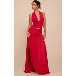 PrettyLittleThing Double Layer Slinky Knot Drape Maxi Skirt - Tomato Red