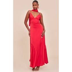 PrettyLittleThing Red Satin V Neck Maxi Dress - Red
