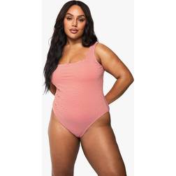 boohoo Womens Plus Seersucker Stripe Scoop Neck Swimsuit - Red