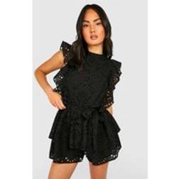 boohoo Womens Broderie Ruffle Playsuit - Black