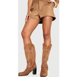 boohoo Square Toe Stud Western Boots - Brown