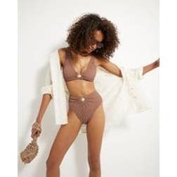 River Island Textured High Waisted Bikini Bottoms - Brown