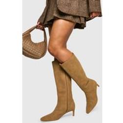 boohoo Womens Wide Fit Nubuck Knee High Low Heeled Boots - Beige