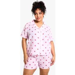 boohoo Womens Plus Strawberry Stripe Shirt & Short Pyjama Set - Pink