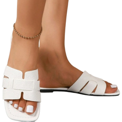Shein Women's Flat Sandals 2025 New Summer Fashion Square Toe Striped Casual Slip-On, Versatile Summer Slide
