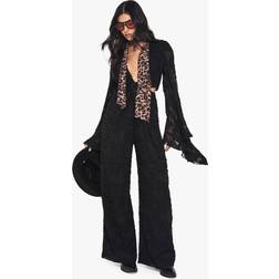 boohoo Womens Burnout Floral Wide Sleeve Jumpsuit - Black