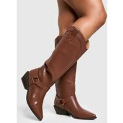 boohoo Womens Western Style Harness Detail Knee High Boots - Brown