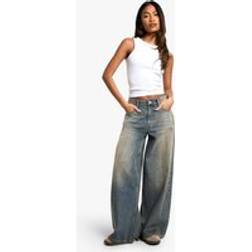 boohoo Womens Distressed Hem Detail Vintage Wash Wide Leg Denim Jean - Blue