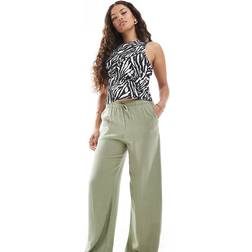 Stradivarius Petite Linen Look Pull On Trouser - Khaki