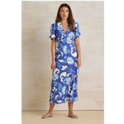 LTS Tall Blue Floral Puff Sleeve Midi Tea Dress - Blue