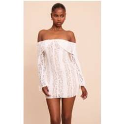PrettyLittleThing Cream Lace Bardot Long Sleeve Mini Dress - White
