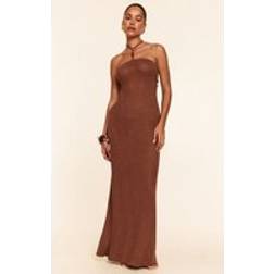 PrettyLittleThing Mocha Crochet Bead Trim Halter Neck Maxi Beach Dress - Brown