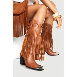 boohoo Womens Western Stud Fringe Toe Cap - Brown