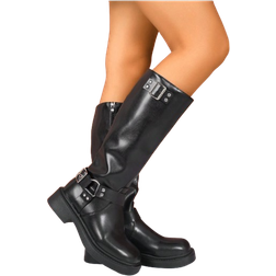 Shein Perfect With Sweater Style With Black Dress,Women's Fashion Casual Side Zipper Buckle Biker Boots, Black Rubber Shoes, Thick Heeled Western Style Booties For Fall And Winter