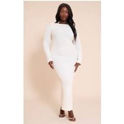 PrettyLittleThing Plus Cream Textured Backless Boat Neck Long Sleeve Maxi Dress - White