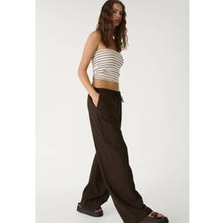 Stradivarius Linen Blend Drawstring Trousers - Brown