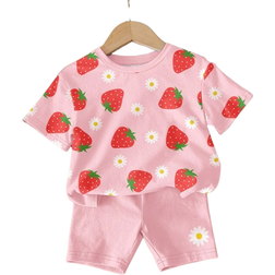 Shein 2pcs/Set Young Girl Casual Simple Strawberry & Daisy Floral Print Short Sleeve Round Neck T-Shirt And Shorts Set, Suitable For Summer Holiday