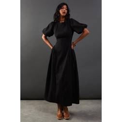 Warehouse Organza Godet Side Puff Sleeve Midi Dress - Black