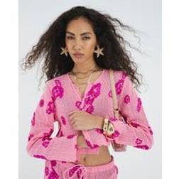 River Island Pink Long Sleeve Embroidered Beach Crop Top