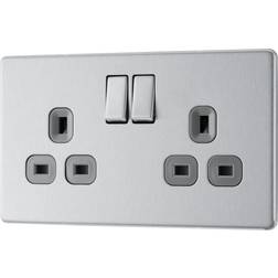 GoodHome Brushed Steel Double 13A Socket Grey Inserts