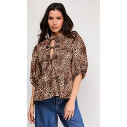 Warehouse Print Poplin Tie Front Volume Sleeve Blouse - Animal