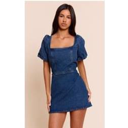 PrettyLittleThing Petite Mid Blue Wash Puff Sleeve Tie Back Denim Dress - Mid Blue