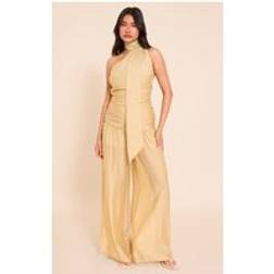 PrettyLittleThing Textured One Shoulder Scarf Detail Jumpsuit - Mustard