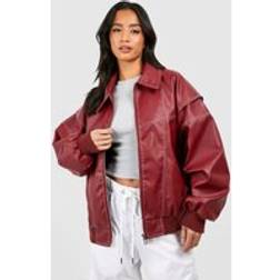 boohoo Petite Pu Contrast Stitch Oversized Bomber Jacket - Red