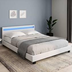 IDMarket Double NEO Tête LED 160 x 200 cm PVC Blanc Lit avec Cadre