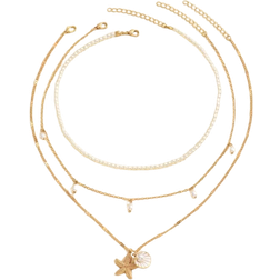 Shein 3pcs/Set Faux Pearl Tassel, Starfish & Shell Decor Beaded Necklace Set, Multi-Layer Choker Necklaces, Suitable For Casual Wear & Summer Beach