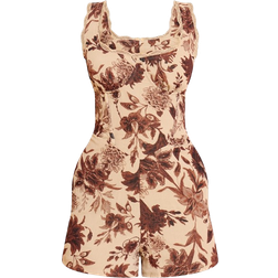 PrettyLittleThing Floral Printed Chiffon Corset Detail Romper - Brown