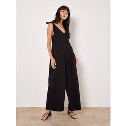 Apricot Textured Cotton Wide Leg Jumpsuit - Black