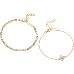 Shein 2pcs Cubic Zirconia Flower Beaded Bracelet With Crystal Chain Double Layer Bracelet Set, Suitable For Women Daily, Date, Party, Social Occasion