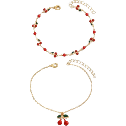 Shein 2pcs/Set Lovely Copper Material Glazed Cherry Pendant Anklet, Sweet & Fashionable Foot Jewelry Suitable For Daily Wear, Beach, Date, Party, Handmade Chain Arrangement Is Random